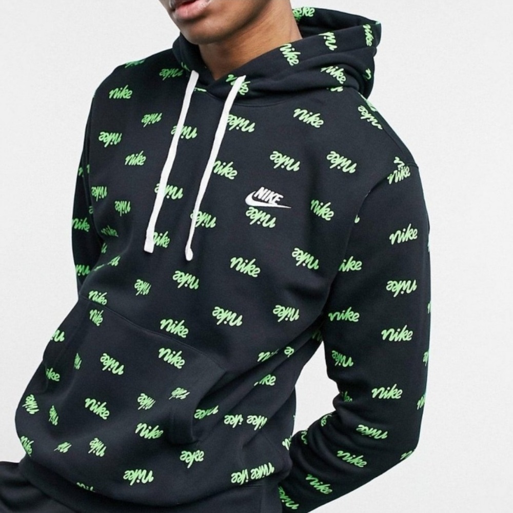 Nike Club Script Men Hoodies Pullover Black/Black/Mean Green/White